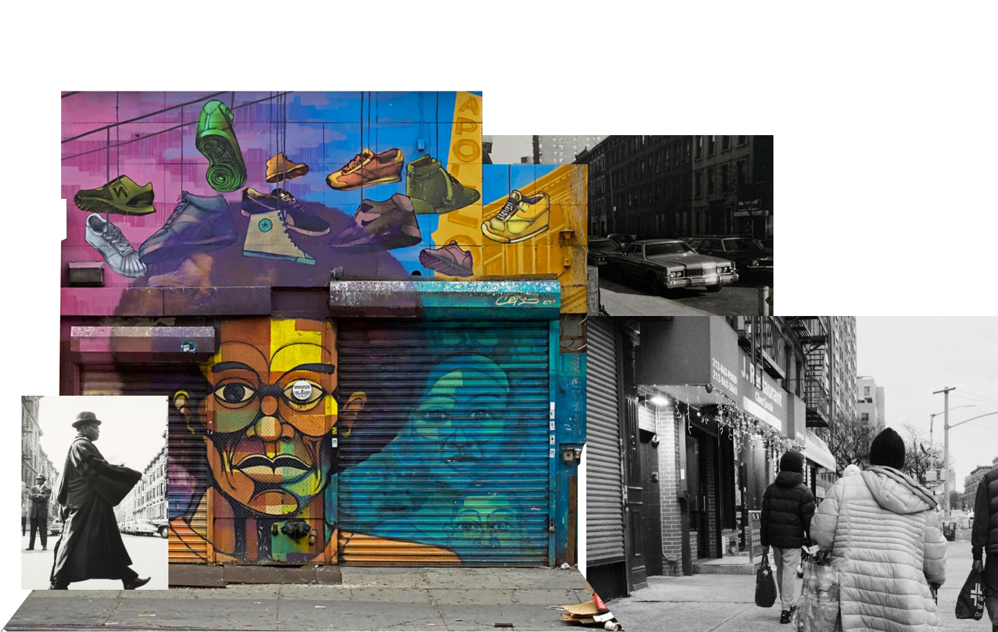 Photo collage of Harlem with historical and modern photos
